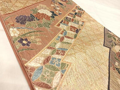 平和屋着物◎六通柄袋帯　唐織　草花文　金糸　正絹　逸品　AABK0470yx
