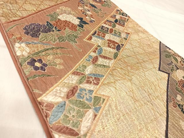 平和屋着物◎六通柄袋帯　唐織　草花文　金糸　正絹　逸品　AABK0470yx