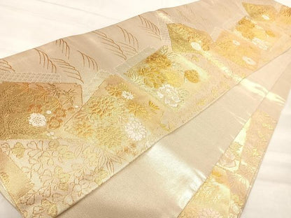 平和屋着物◎佐賀錦　六通柄袋帯　色紙重ね花文　金糸　正絹　逸品　AABK0471yx