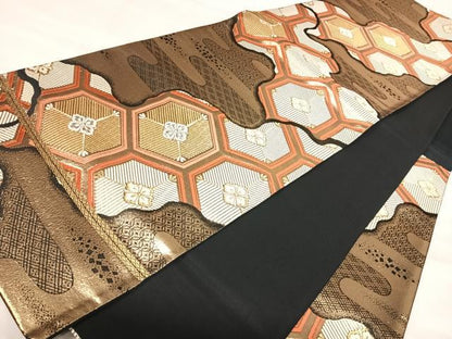 平和屋着物◎六通柄袋帯　唐織　道長花亀甲文　黒地　金銀糸　正絹　逸品　AABK0473yx