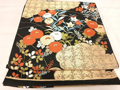 平和屋着物◎六通柄　本袋帯　唐織　雲重ね花文　黒地　金糸　正絹　逸品　AABK0474yx