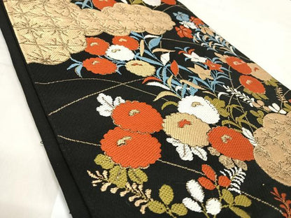 平和屋着物◎六通柄　本袋帯　唐織　雲重ね花文　黒地　金糸　正絹　逸品　AABK0474yx