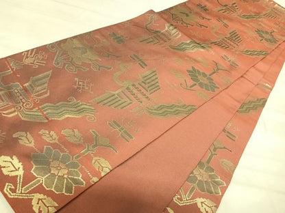 平和屋着物◎六通柄　本袋帯　花鳥文　金糸　正絹　逸品　AABK0475yx