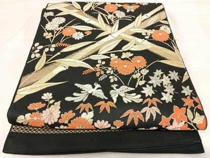 平和屋着物◎六通柄　京袋帯　唐織　花鳥文　黒地　金銀糸　正絹　逸品　AABK0489yx