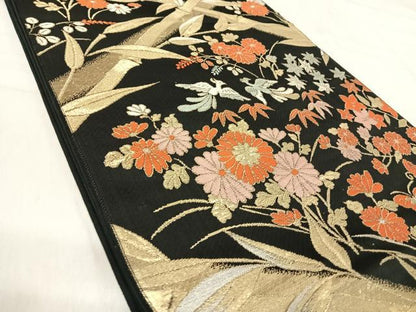 平和屋着物◎六通柄　京袋帯　唐織　花鳥文　黒地　金銀糸　正絹　逸品　AABK0489yx