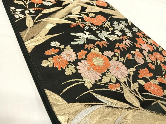 平和屋着物◎六通柄　京袋帯　唐織　花鳥文　黒地　金銀糸　正絹　逸品　AABK0489yx