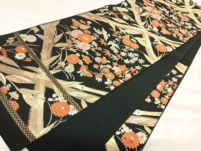 平和屋着物◎六通柄　京袋帯　唐織　花鳥文　黒地　金銀糸　正絹　逸品　AABK0489yx