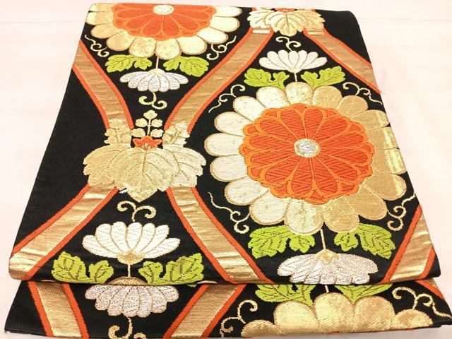 平和屋着物◎六通柄　京袋帯　唐織　立涌花文　黒地　金銀糸　正絹　逸品　AABK0502yx