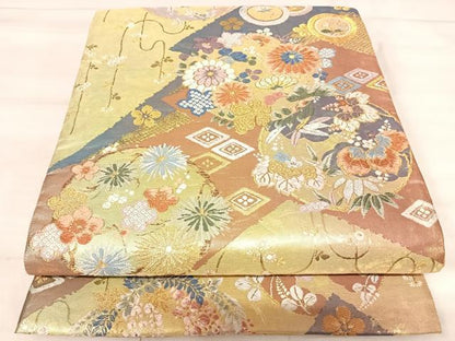 平和屋着物◎六通柄袋帯　唐織　松文花の丸文　金糸　正絹　逸品　AABK0511yx