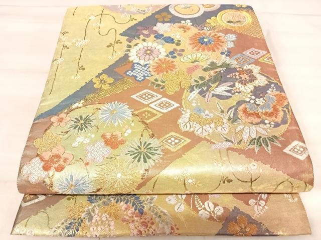平和屋着物◎六通柄袋帯　唐織　松文花の丸文　金糸　正絹　逸品　AABK0511yx
