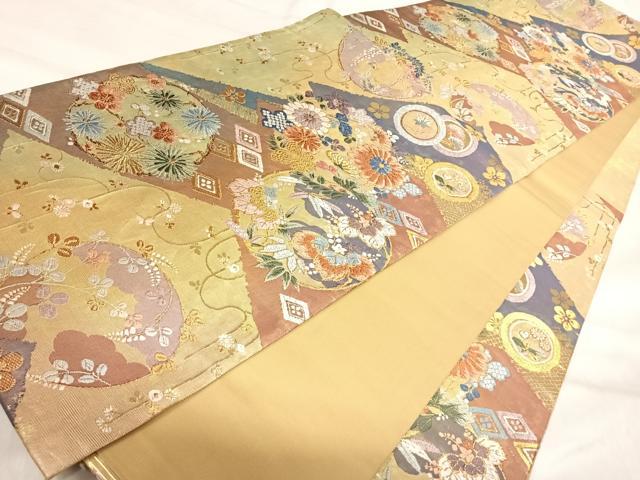 平和屋着物◎六通柄袋帯　唐織　松文花の丸文　金糸　正絹　逸品　AABK0511yx