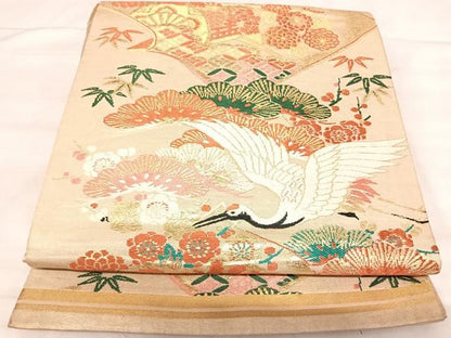 平和屋着物◎アンティーク　大正ロマン　京袋帯　丸帯　唐織　飛鶴吉祥花文　金糸　正絹　逸品　AABK0515yx