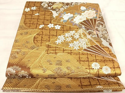 平和屋着物◎六通柄袋帯　唐織　光琳摺箔　九百錦　扇面風景花文　正絹　逸品　AABK0525yx