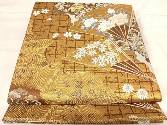 平和屋着物◎六通柄袋帯　唐織　光琳摺箔　九百錦　扇面風景花文　正絹　逸品　AABK0525yx