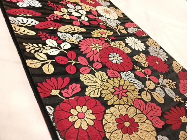 平和屋着物◎六通柄袋帯　唐織　花づくし　黒地　金銀糸　正絹　逸品　AABK0526yx
