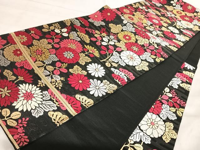 平和屋着物◎六通柄袋帯　唐織　花づくし　黒地　金銀糸　正絹　逸品　AABK0526yx