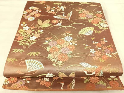 平和屋着物◎六通柄袋帯　唐織　飛鶴花文　金糸　正絹　逸品　AABK0527yx