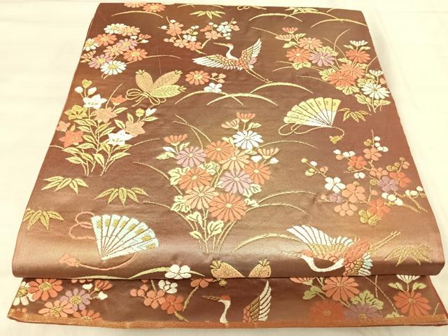 平和屋着物◎六通柄袋帯　唐織　飛鶴花文　金糸　正絹　逸品　AABK0527yx