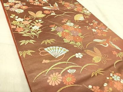 平和屋着物◎六通柄袋帯　唐織　飛鶴花文　金糸　正絹　逸品　AABK0527yx