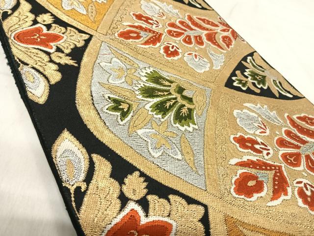 平和屋着物◎六通柄　本袋帯　唐織　更紗花文　黒地　金銀糸　正絹　逸品　AABK0528yx