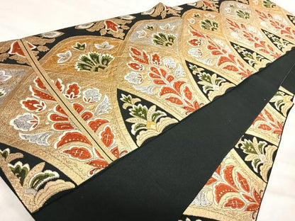 平和屋着物◎六通柄　本袋帯　唐織　更紗花文　黒地　金銀糸　正絹　逸品　AABK0528yx