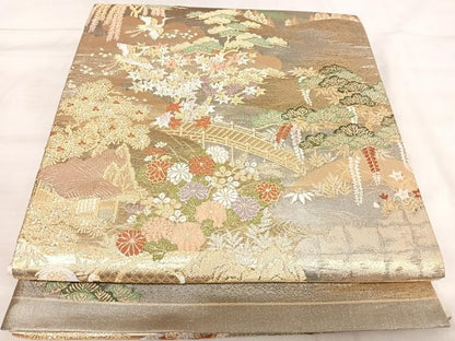 平和屋着物◎六通柄袋帯　唐織　遠山風景花文　鶴　金銀糸　正絹　逸品　AABK0529yx