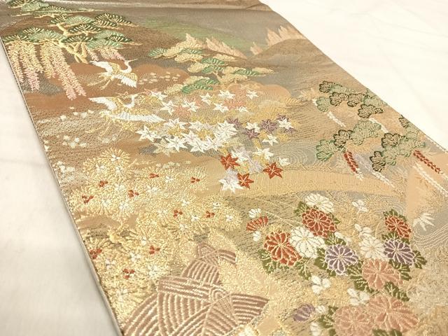 平和屋着物◎六通柄袋帯　唐織　遠山風景花文　鶴　金銀糸　正絹　逸品　AABK0529yx