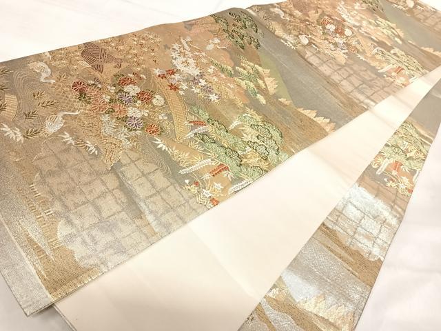 平和屋着物◎六通柄袋帯　唐織　遠山風景花文　鶴　金銀糸　正絹　逸品　AABK0529yx
