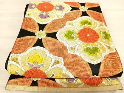 平和屋着物◎六通柄袋帯　唐織　七宝花文　黒地　金糸　正絹　逸品　AABK0530yx