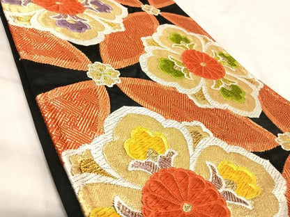 平和屋着物◎六通柄袋帯　唐織　七宝花文　黒地　金糸　正絹　逸品　AABK0530yx