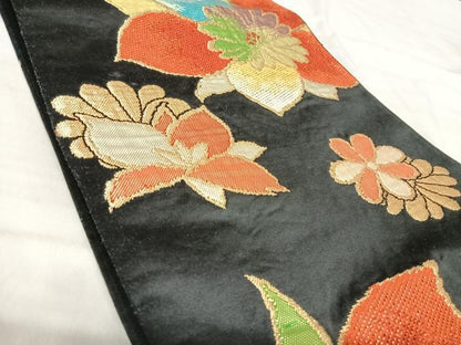 平和屋着物◎六通柄袋帯　唐織　舞花文　黒地　金糸　正絹　逸品　AABK0532yx