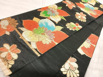 平和屋着物◎六通柄袋帯　唐織　舞花文　黒地　金糸　正絹　逸品　AABK0532yx