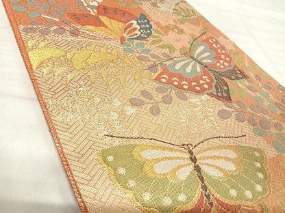 平和屋着物◎佐賀錦　六通柄袋帯　花蝶文　金糸　正絹　逸品　AABK0534yx