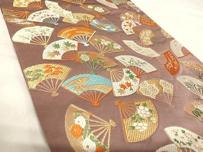 平和屋着物◎西陣　六通柄袋帯　唐織　扇面花文　金糸　正絹　逸品　AABK0547yx