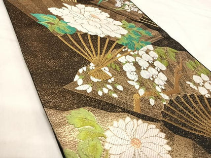 平和屋着物◎六通柄　本袋帯　唐織　扇面花文　黒地　金糸　正絹　逸品　AABK0548yx