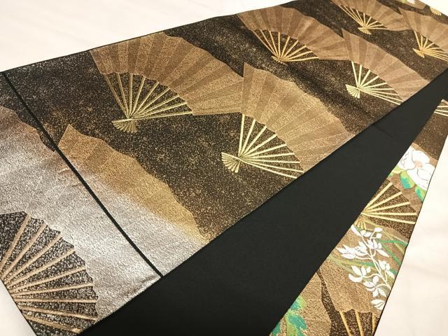 平和屋着物◎六通柄　本袋帯　唐織　扇面花文　黒地　金糸　正絹　逸品　AABK0548yx
