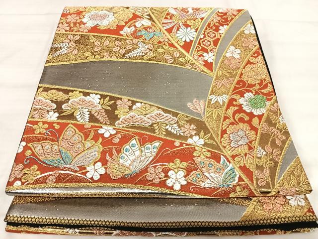 平和屋着物◎六通柄袋帯　鳳凰花蝶文　華金彩　金銀糸　正絹　逸品　AABK0551yx