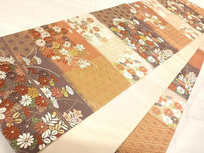 平和屋着物◎六通柄袋帯　唐織　草花文　金糸　正絹　逸品　AABK0554yx