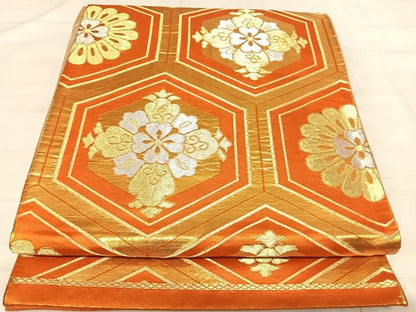 平和屋着物◎六通柄袋帯　亀甲花文　金銀糸　正絹　逸品　AABK0561yx