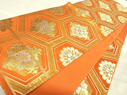 平和屋着物◎六通柄袋帯　亀甲花文　金銀糸　正絹　逸品　AABK0561yx