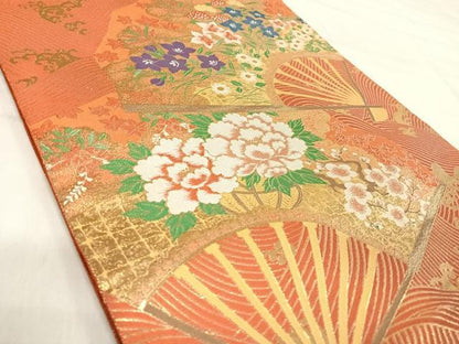 平和屋着物◎伝統工芸士　平田藤三郎　六通柄袋帯　唐織　琳派翠扇　金糸　正絹　逸品　AABK0562yx