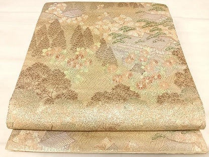 平和屋着物◎六通柄袋帯　風景樹林文　金銀糸　正絹　逸品　AABK0577yx