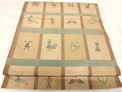 平和屋着物◎六通柄　本袋帯　格子花鳥文　正絹　逸品　AABK0594yx