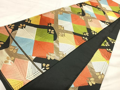 平和屋着物◎六通柄袋帯　唐織　松　黒地　金糸　正絹　逸品　AABK0600yx
