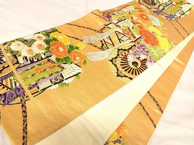 平和屋着物◎六通柄袋帯　唐織　御所車花文　金銀糸　正絹　逸品　AABK0609yx