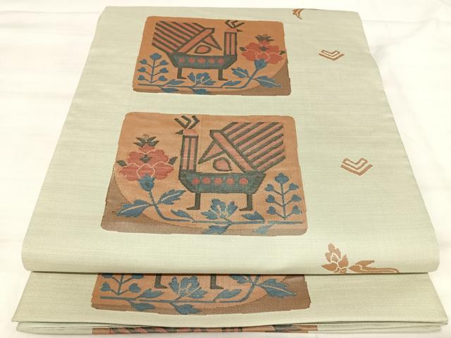 平和屋着物◎六通柄袋帯　花鳥文　雲母　正絹　逸品　AABK0613yx