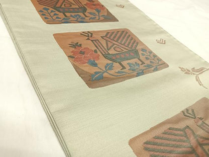 平和屋着物◎六通柄袋帯　花鳥文　雲母　正絹　逸品　AABK0613yx