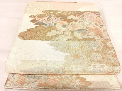 平和屋着物◎佐賀錦　六通柄袋帯　霞取遊鴛鴦能衣文　金糸　正絹　逸品　AABK0618yx