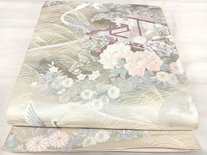 平和屋着物◎六通柄袋帯　飛鶴草花文　プラチナ箔二重織　正絹　逸品　AABK0623yx