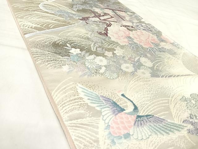 平和屋着物◎六通柄袋帯　飛鶴草花文　プラチナ箔二重織　正絹　逸品　AABK0623yx